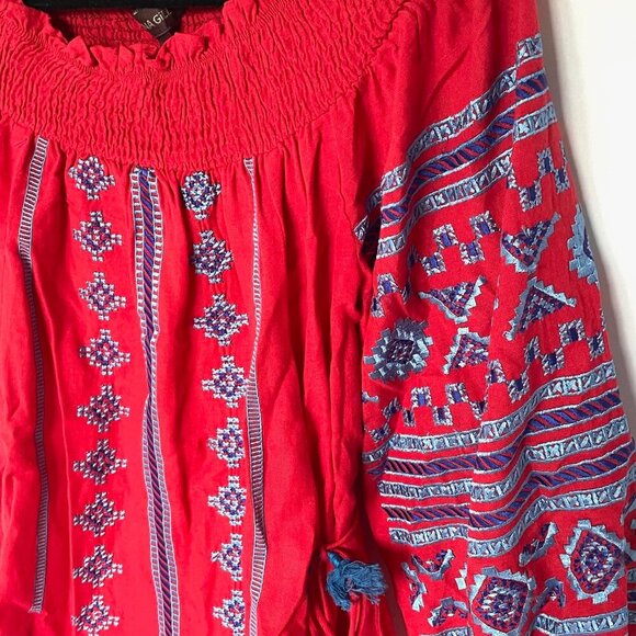 Anthropologie Ranna Gill Off Shoulder Dress Small Red Embroidered Peasant Cotton - Picture 6 of 11
